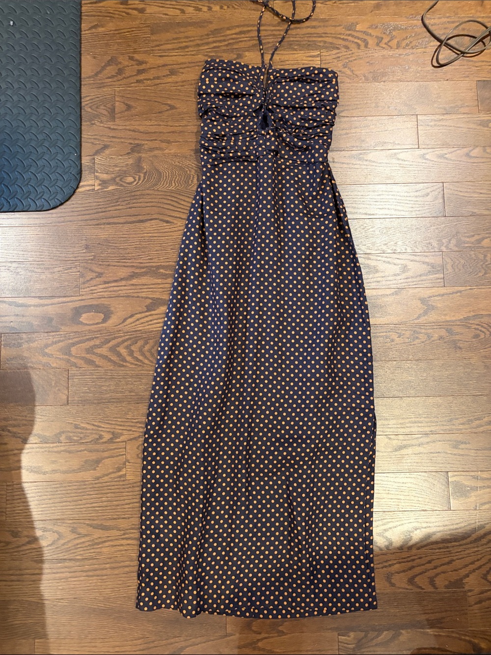 Faithfull the Brand Navy Strapless Polka Dot Maxi Dress with Orange Dots